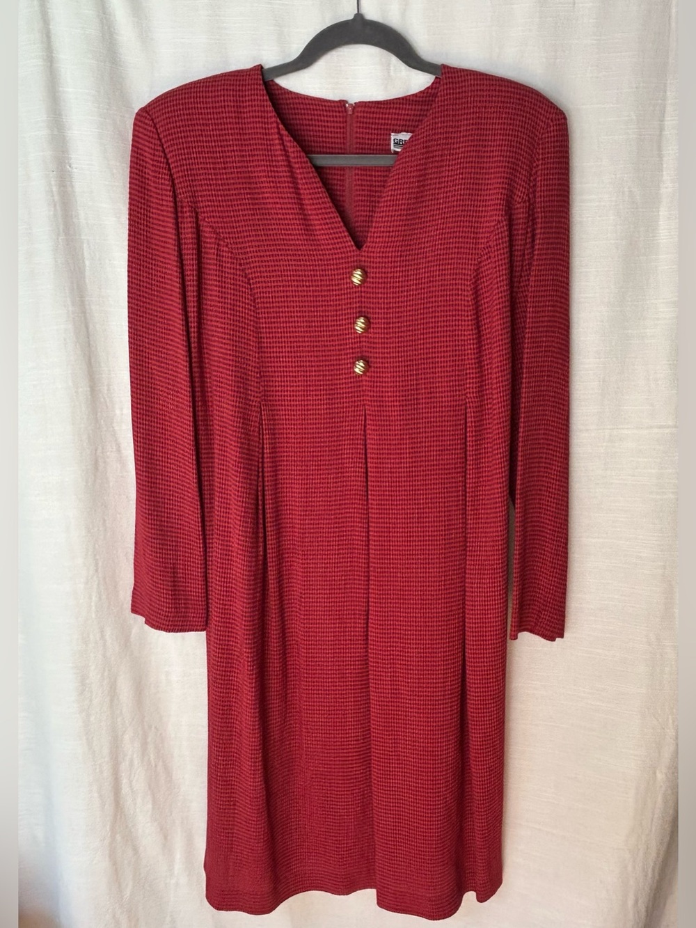 Vintage Circa 1980's Women's Red Long-Sleeve V-Neck Plaid Dress w/ Button Detail
